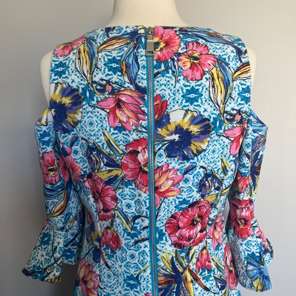 NICOLE MILLER Floral-Print Leaf‎ Turquoise Cold-Shoulder Sheath Cocktail Dress - Picture 8 of 15